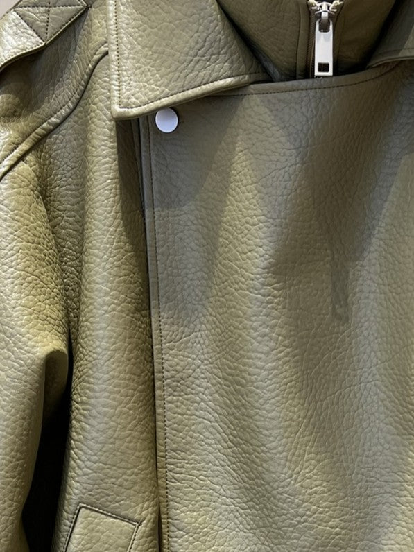 GRAINED FAUX LEATHER BIKER JACKET WITH DOUBLE COLLAR