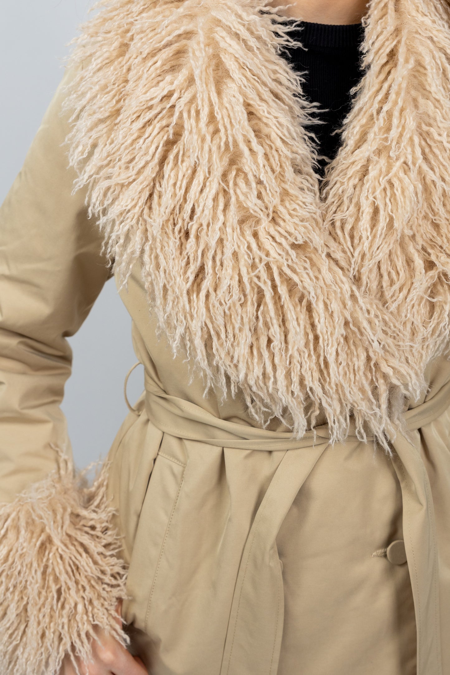 MONGOLIAN SHEEP COAT WITH FAUX FUR COLLAR