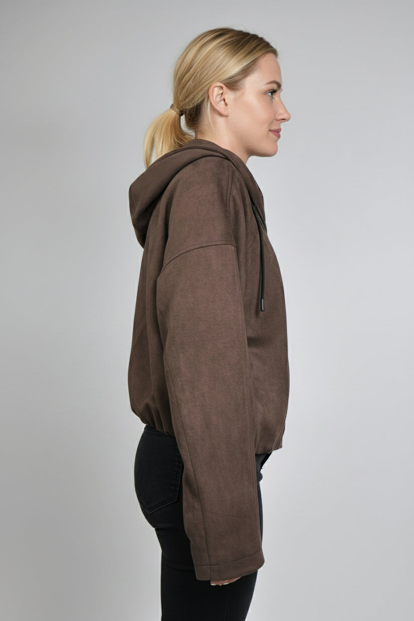 SUEDE-EFFECT HOODED ZIP-UP JACKET