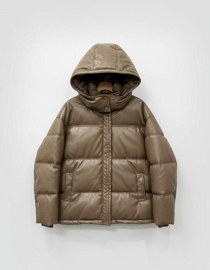 Faux leather down jacket with hood