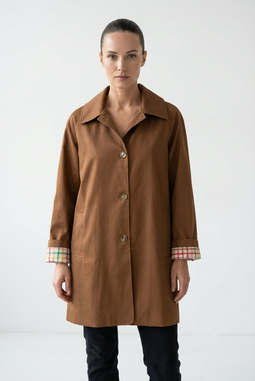 MID-LENGTH TRENCH COAT WITH PLAID LINING