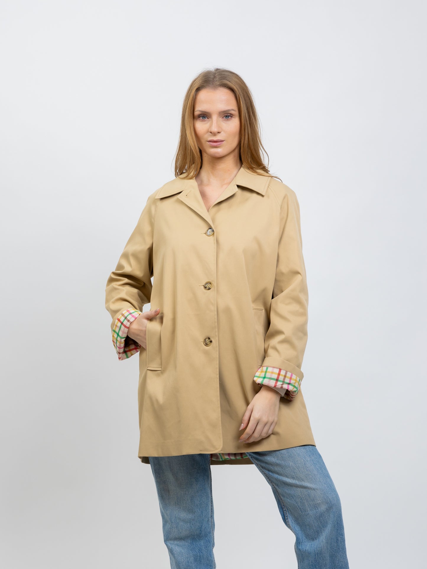 MID-LENGTH TRENCH COAT WITH PLAID LINING