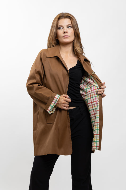 MID-LENGTH TRENCH COAT WITH PLAID LINING