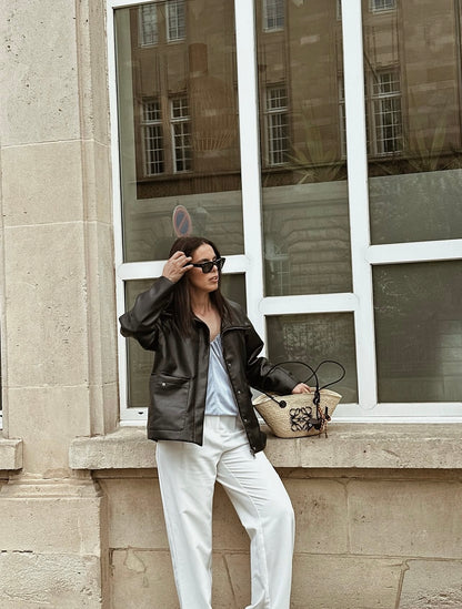 FAUX LEATHER MID-LENGTH UTILITY JACKET