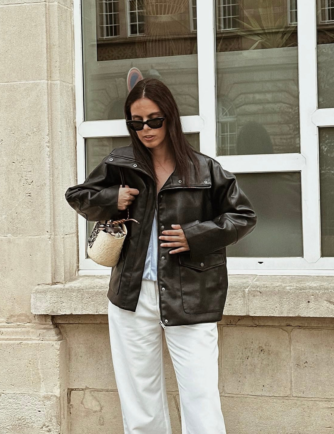 FAUX LEATHER MID-LENGTH UTILITY JACKET