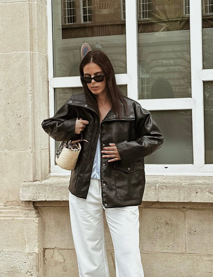 FAUX LEATHER MID-LENGTH UTILITY JACKET