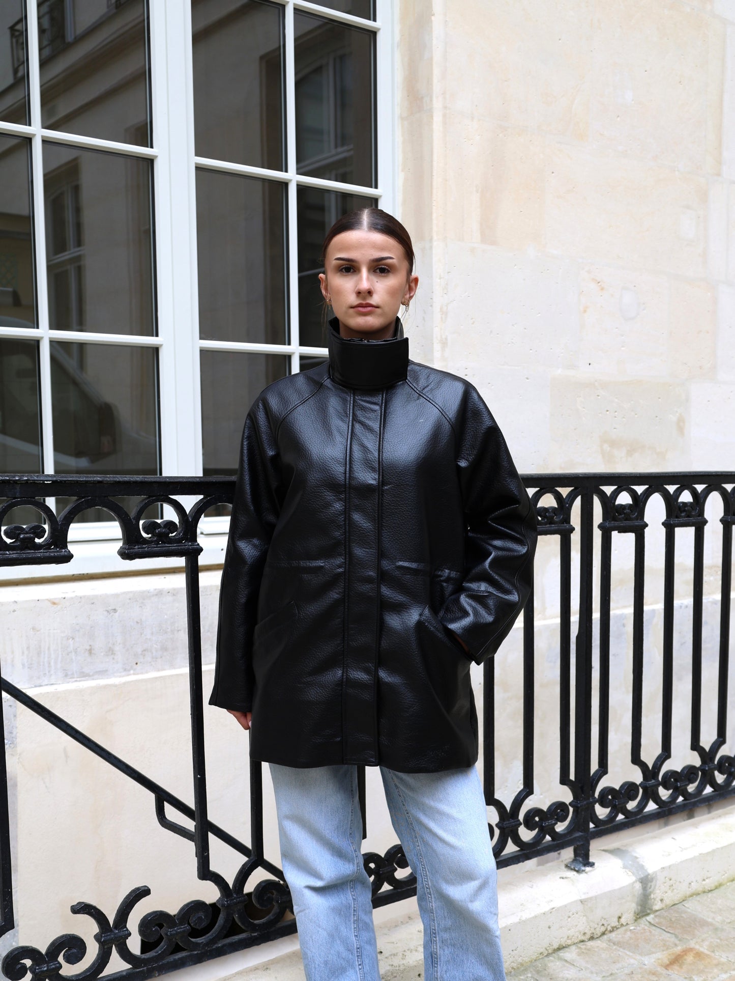 HIGH-COLLAR FAUX LEATHER COAT