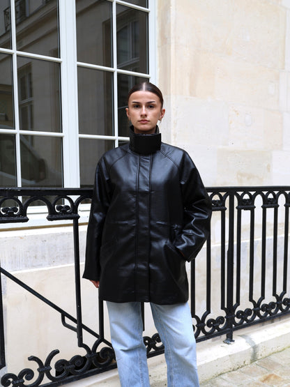 HIGH-COLLAR FAUX LEATHER COAT
