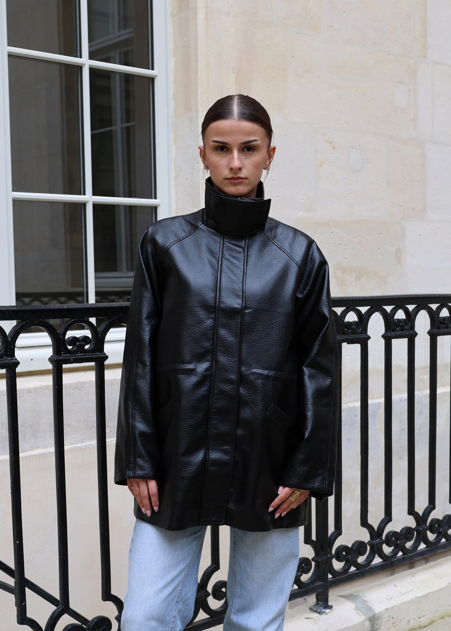HIGH-COLLAR FAUX LEATHER COAT