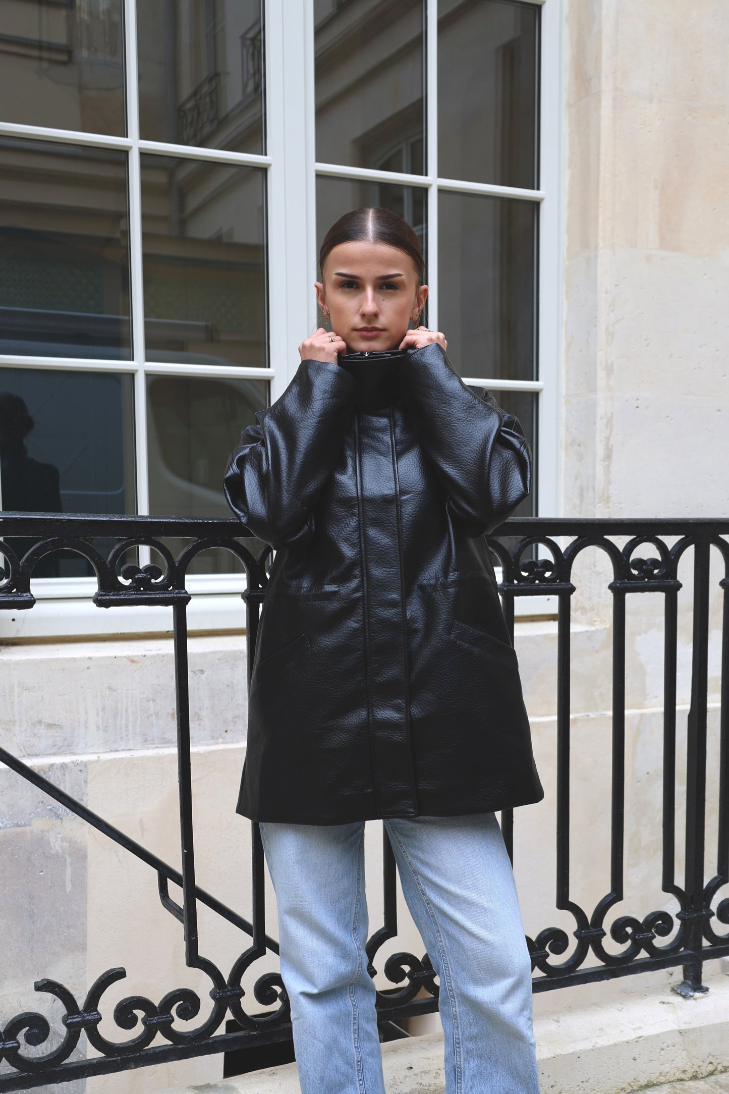 HIGH-COLLAR FAUX LEATHER COAT