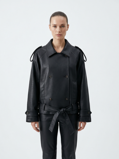 FAUX LEATHER BELTED JACKET