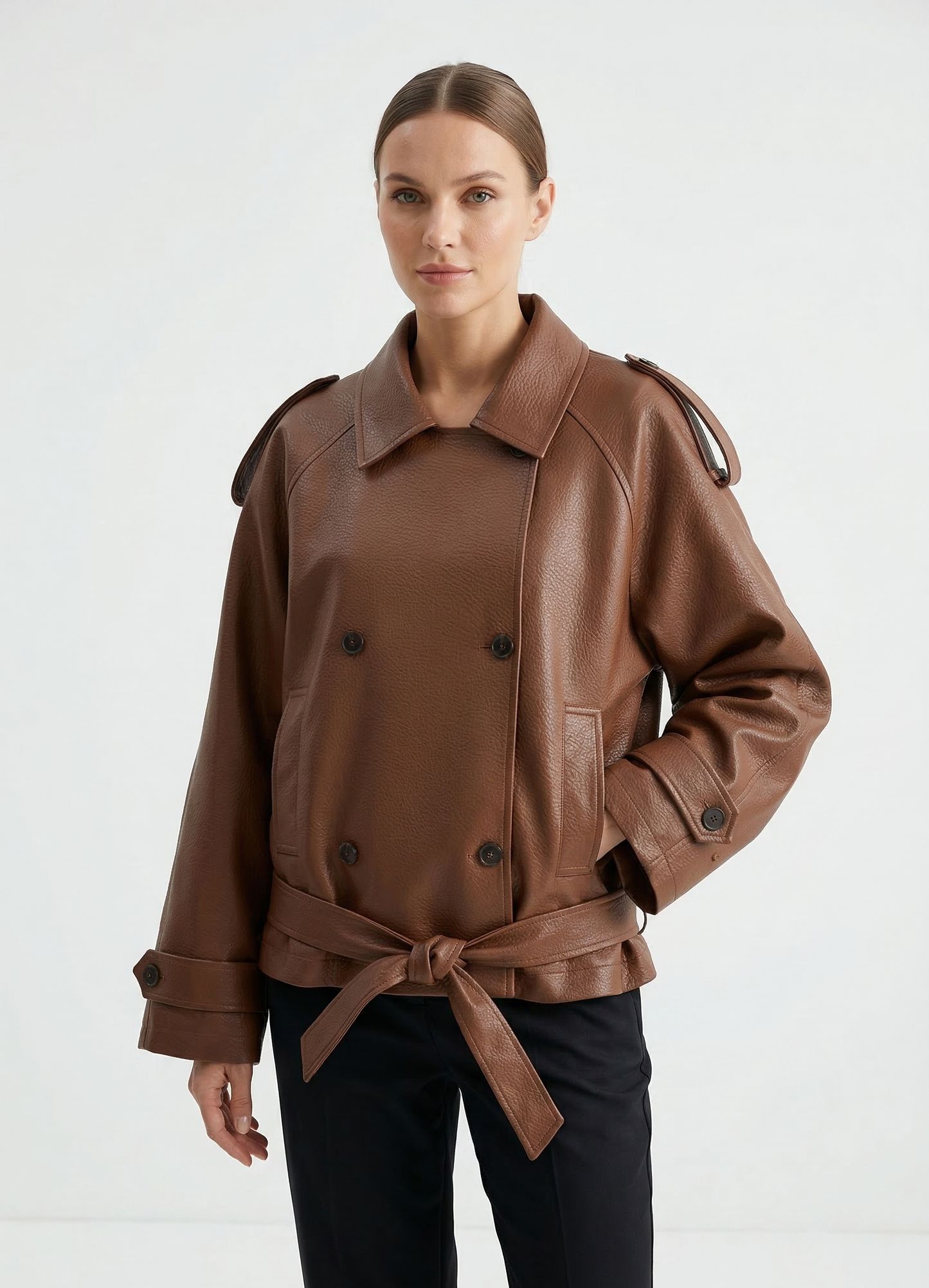 FAUX LEATHER BELTED JACKET