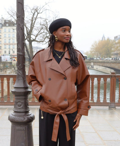 FAUX LEATHER BELTED JACKET