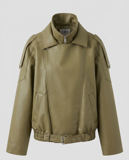 GRAINED FAUX LEATHER BIKER JACKET WITH DOUBLE COLLAR