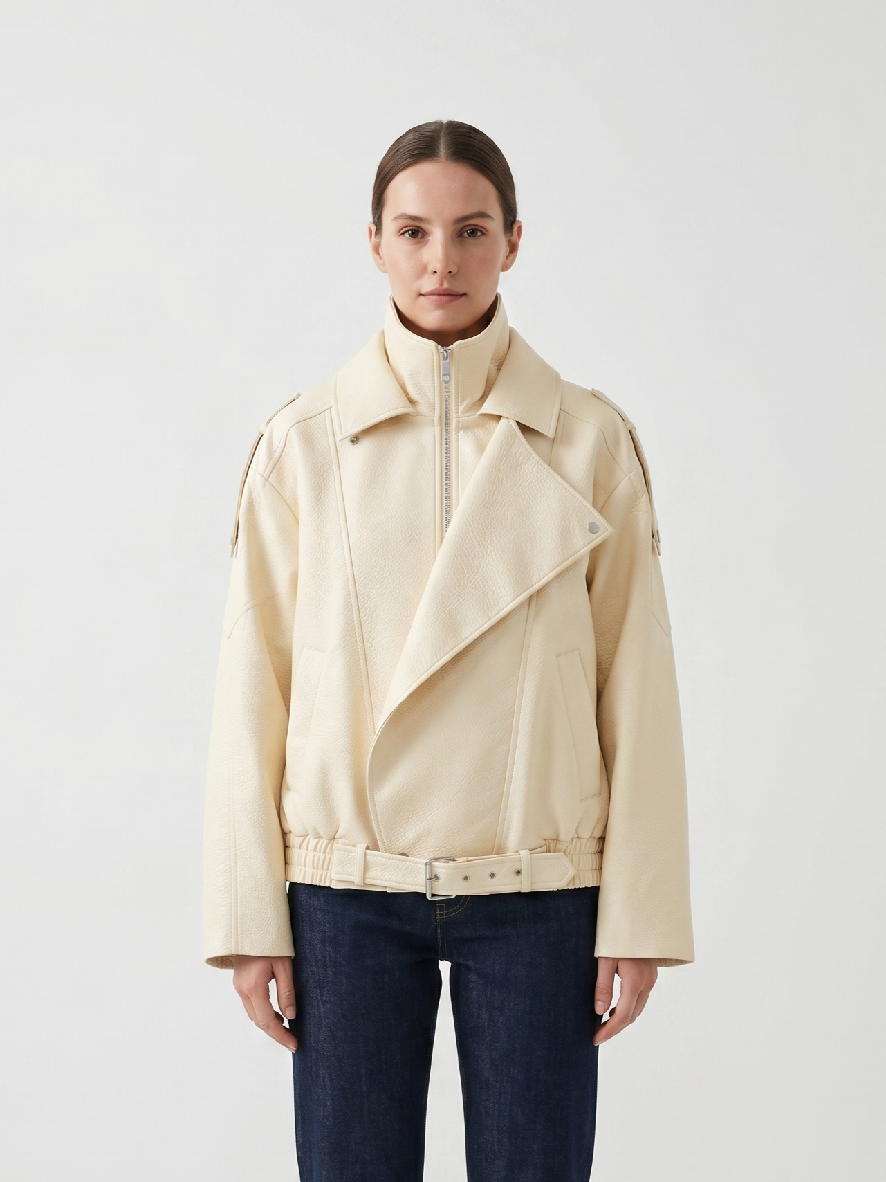 GRAINED FAUX LEATHER BIKER JACKET WITH DOUBLE COLLAR