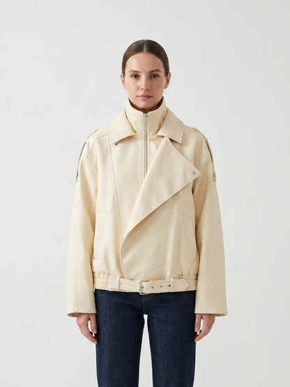 GRAINED FAUX LEATHER BIKER JACKET WITH DOUBLE COLLAR