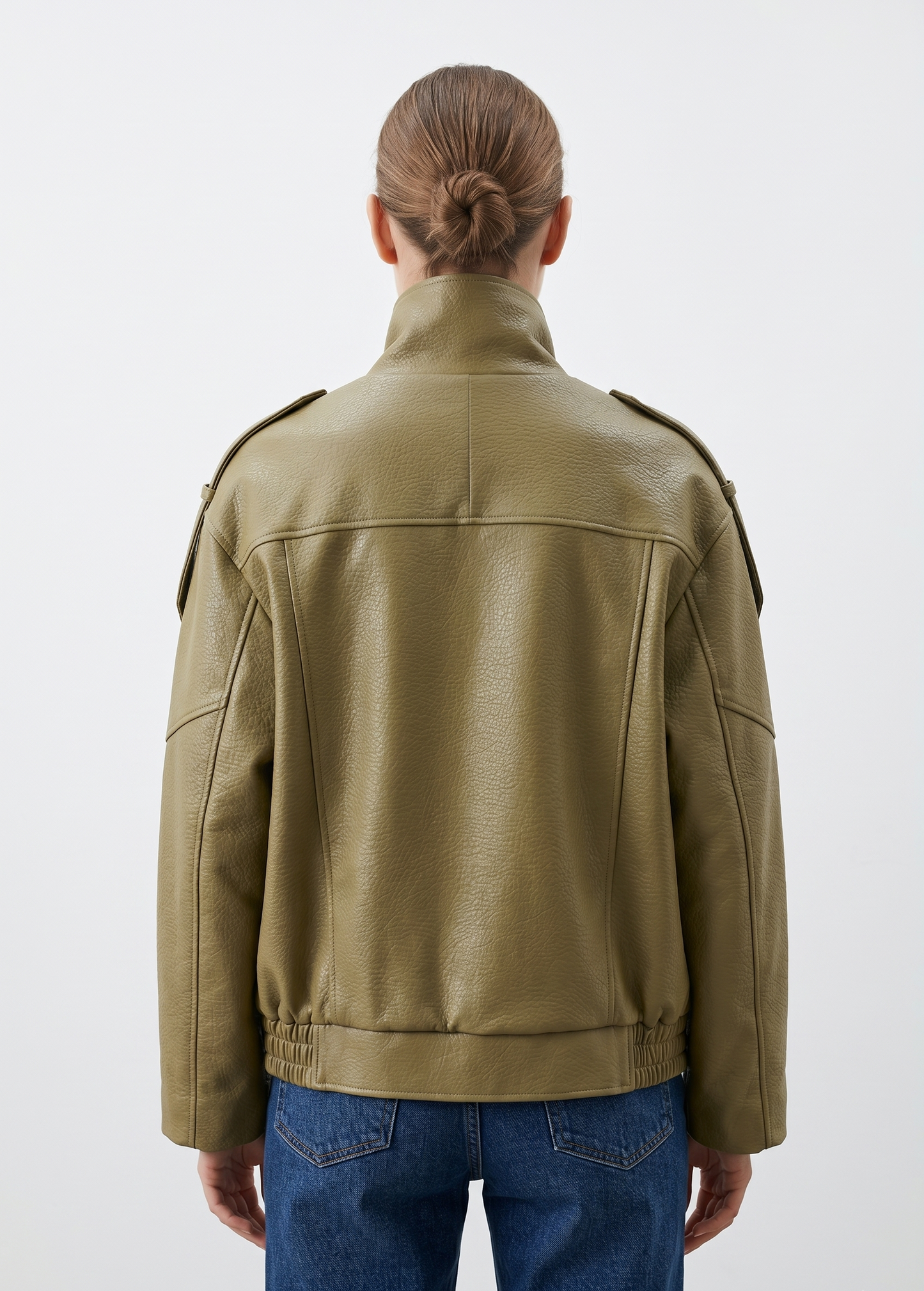 GRAINED FAUX LEATHER BIKER JACKET WITH DOUBLE COLLAR
