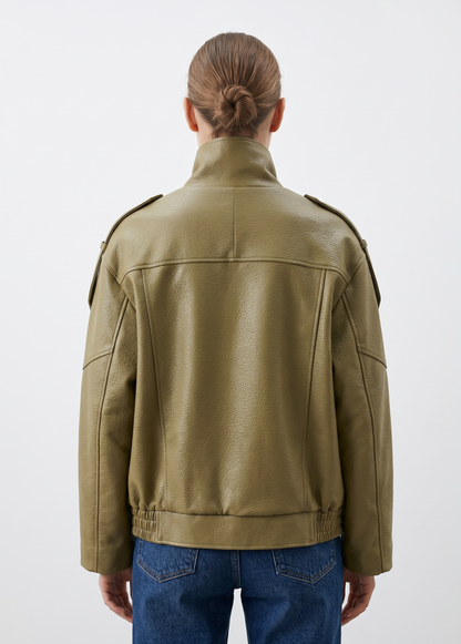 GRAINED FAUX LEATHER BIKER JACKET WITH DOUBLE COLLAR