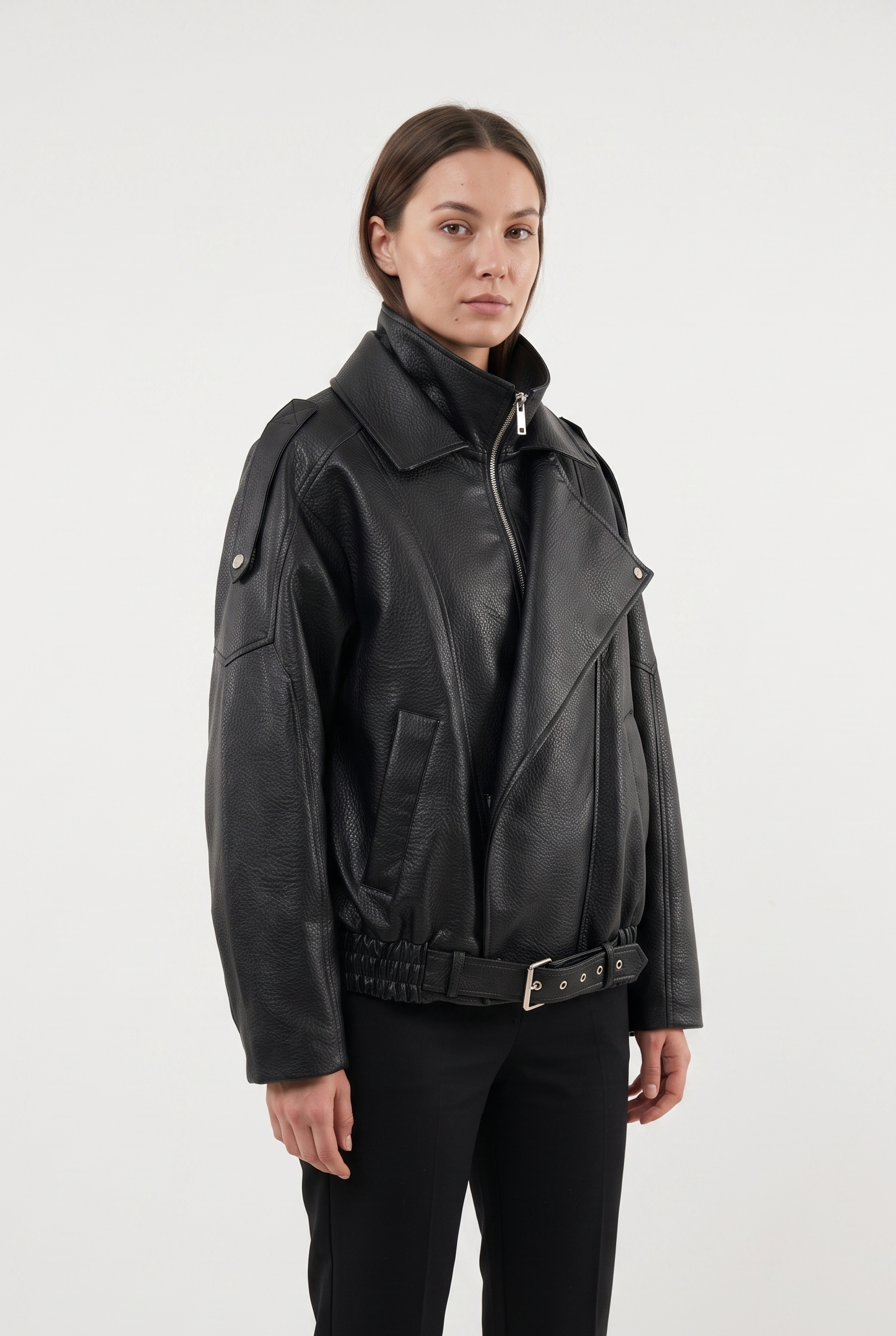 CAZADORA BIKER EFECTO PIEL GRANEADA DE DOBLE CUELLO