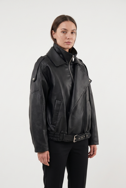 CAZADORA BIKER EFECTO PIEL GRANEADA DE DOBLE CUELLO