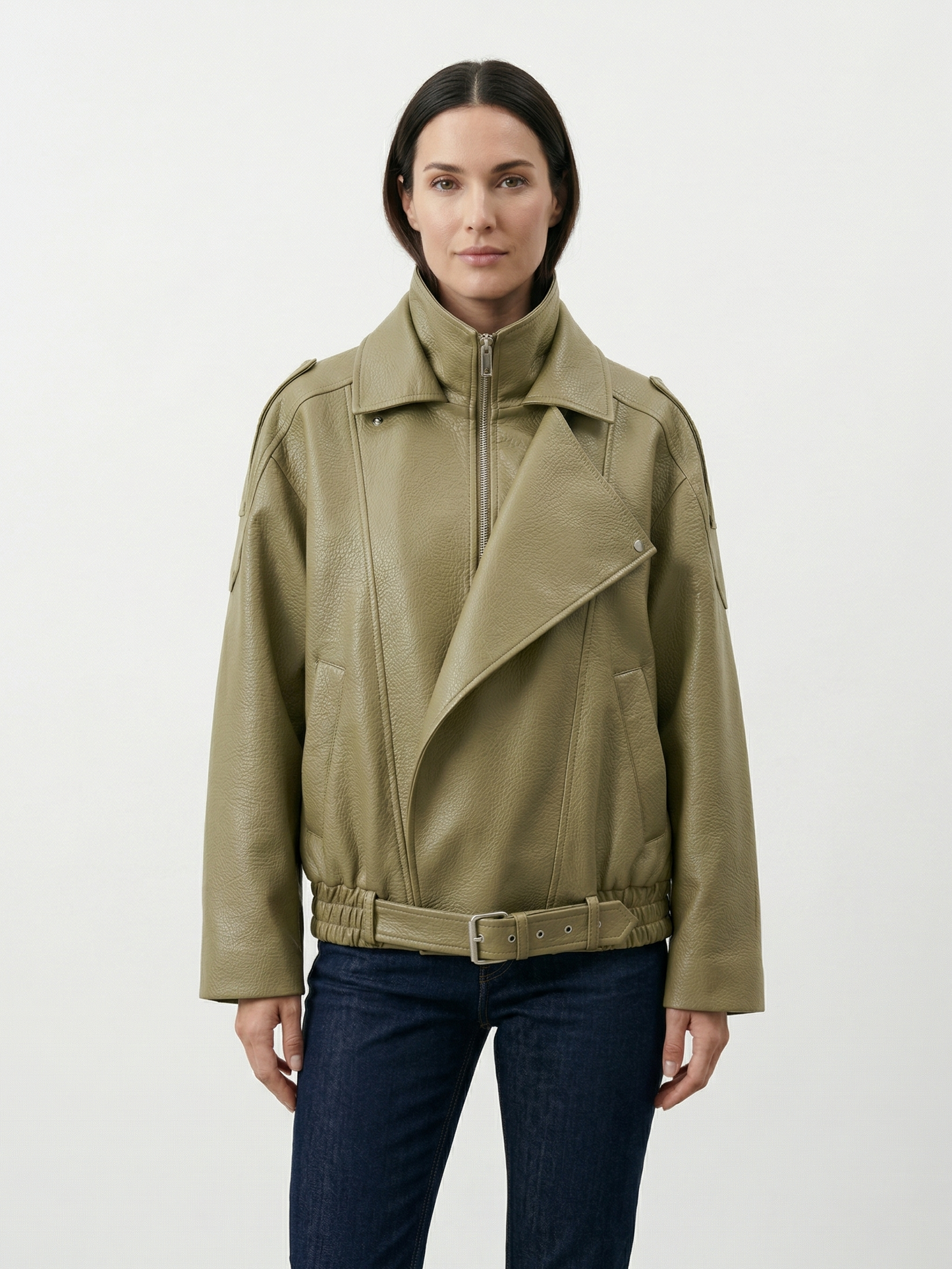 GRAINED FAUX LEATHER BIKER JACKET WITH DOUBLE COLLAR