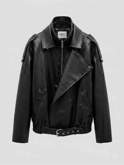 CAZADORA BIKER EFECTO PIEL GRANEADA DE DOBLE CUELLO