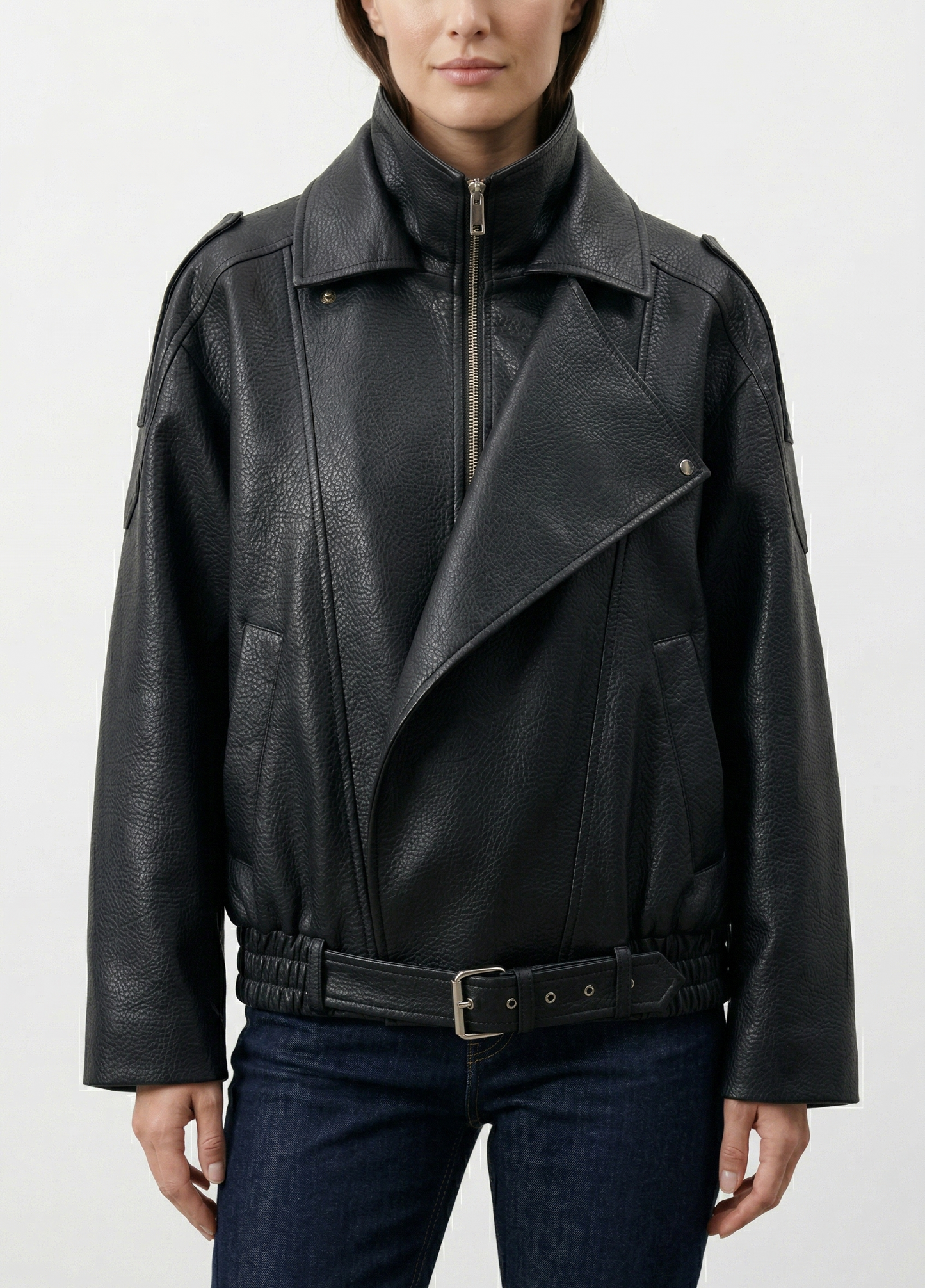 GRAINED FAUX LEATHER BIKER JACKET WITH DOUBLE COLLAR