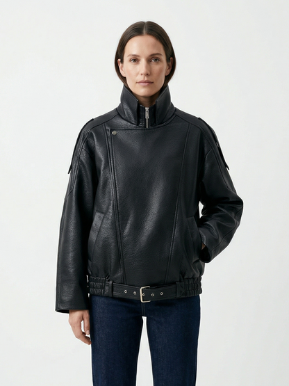 GRAINED FAUX LEATHER BIKER JACKET WITH DOUBLE COLLAR