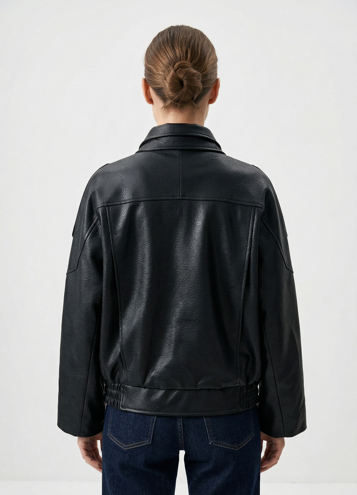 GRAINED FAUX LEATHER BIKER JACKET WITH DOUBLE COLLAR