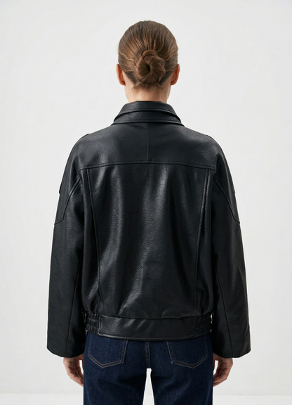 GRAINED FAUX LEATHER BIKER JACKET WITH DOUBLE COLLAR