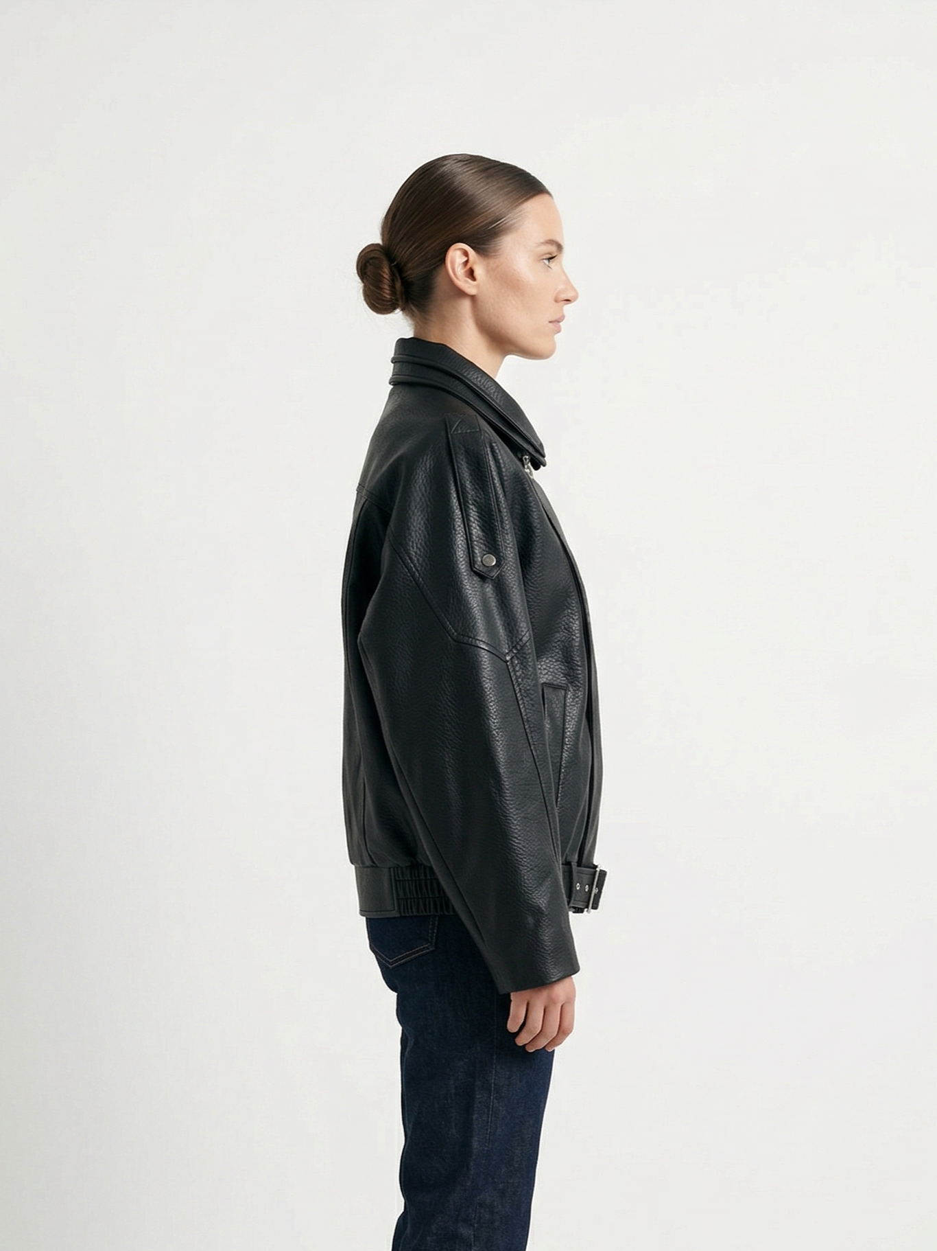 GRAINED FAUX LEATHER BIKER JACKET WITH DOUBLE COLLAR