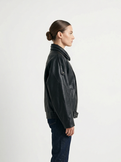 GRAINED FAUX LEATHER BIKER JACKET WITH DOUBLE COLLAR