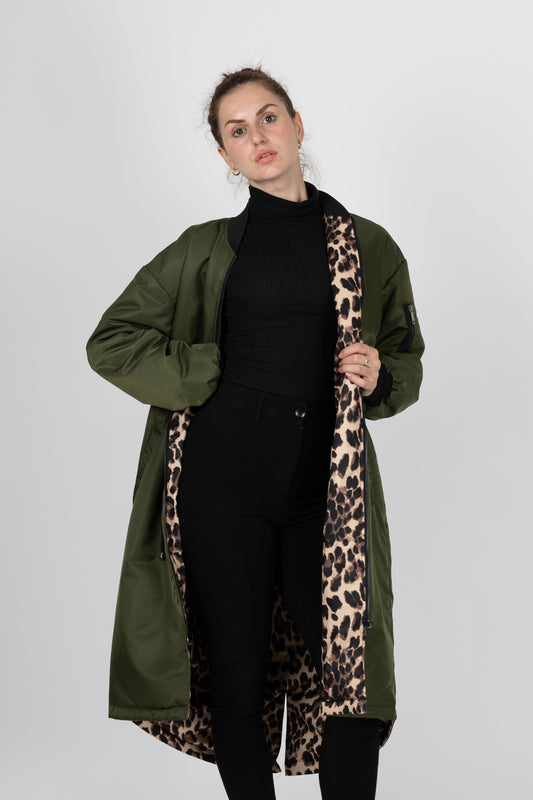 PARKA BOMBER LONG RÉVERSIBLE EN INTÉRIEUR LÉOPARD