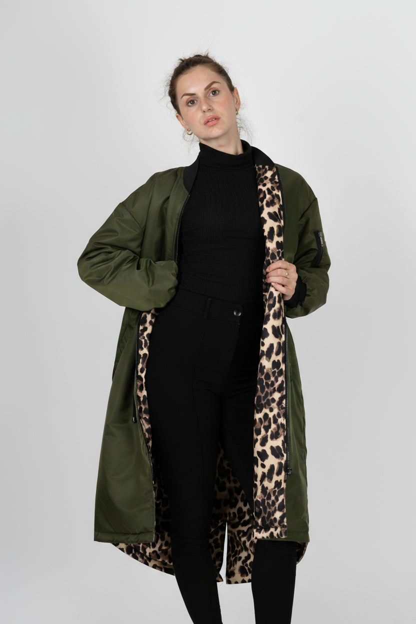 PARKA BOMBER LONG RÉVERSIBLE EN INTÉRIEUR LÉOPARD