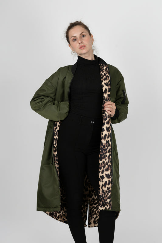 PARKA BOMBER LONG RÉVERSIBLE EN INTÉRIEUR LÉOPARD