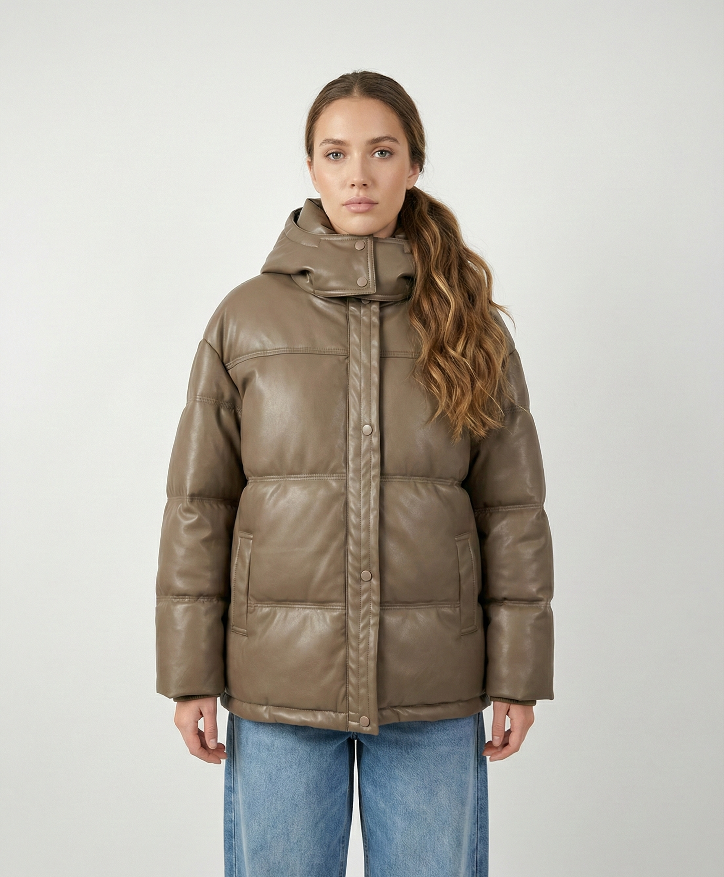 Faux leather down jacket with hood