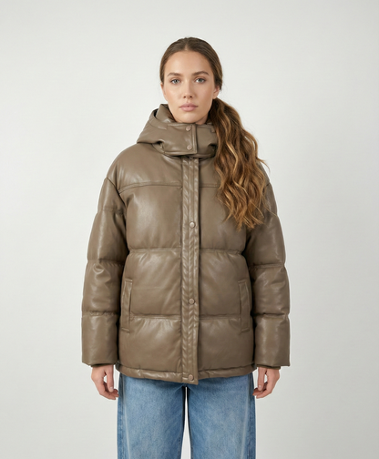 Faux leather down jacket with hood