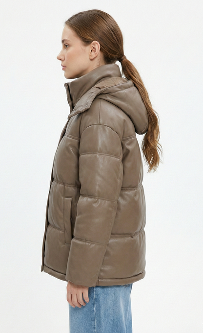 Faux leather down jacket with hood