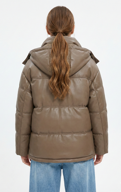 Faux leather down jacket with hood