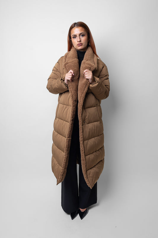 Long Quilted Down Jacket with Fur