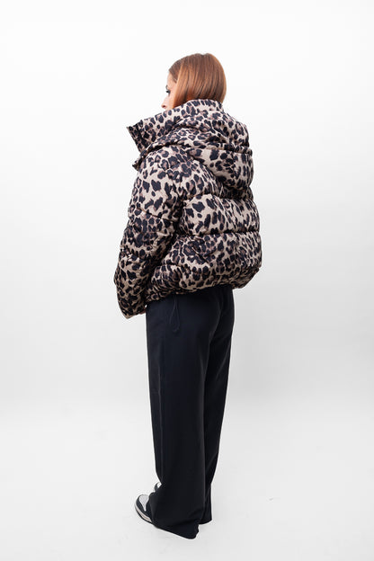 Quilted hooded coat leopard print