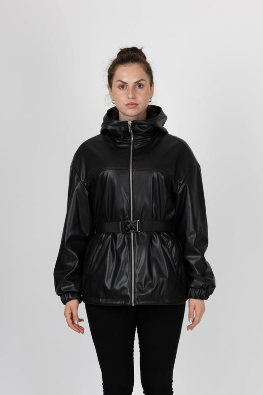 PARKA À CAPUCHE ET CEINTURE EN SIMILI CUIR