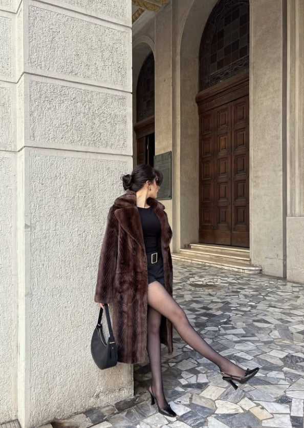 LONG STRIPED FAUX FUR COAT