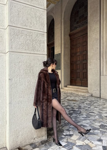 LONG STRIPED FAUX FUR COAT