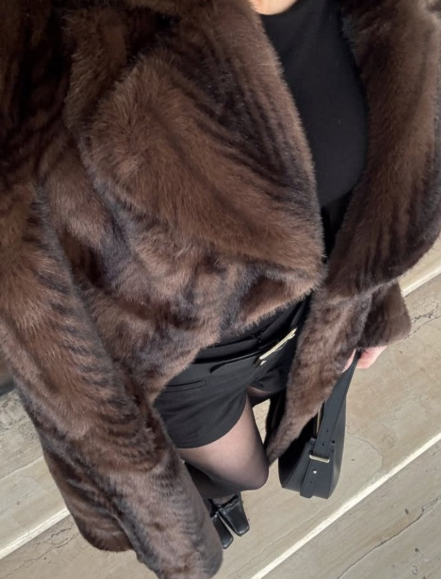 LONG STRIPED FAUX FUR COAT