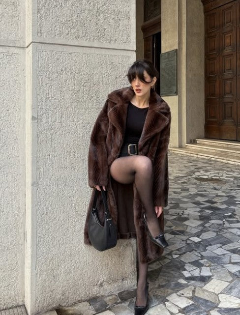 LONG STRIPED FAUX FUR COAT