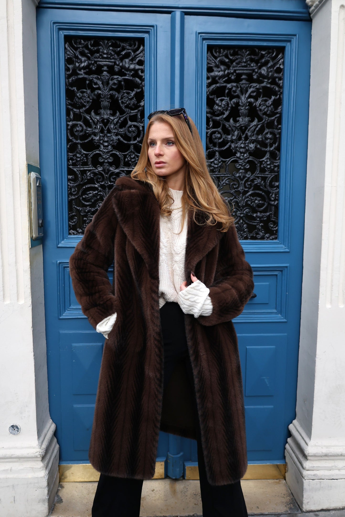 LONG STRIPED FAUX FUR COAT