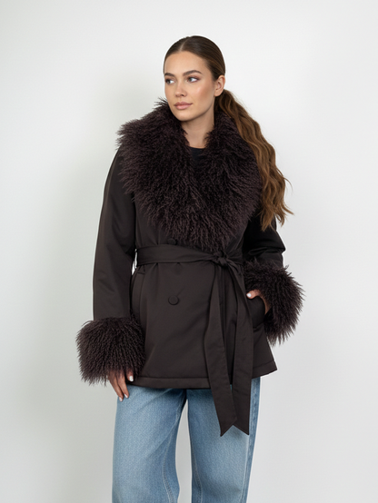 MANTEAU AVEC COL FAUSSE FOURRURE MOUTON DE MONGOLIE