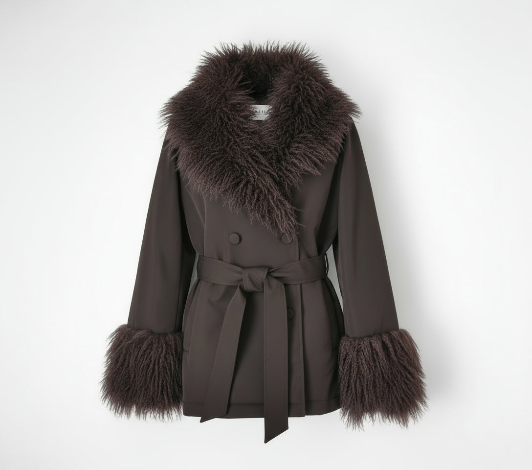 MANTEAU AVEC COL FAUSSE FOURRURE MOUTON DE MONGOLIE