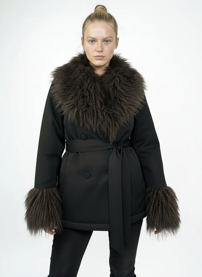 MANTEAU AVEC COL FAUSSE FOURRURE MOUTON DE MONGOLIE